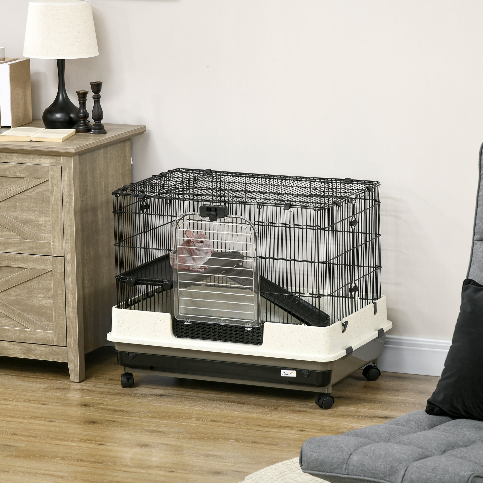 Pawhut 26" Small Animal Cage With Wheels, 2 Level Portable Bunny Cage, Chinchilla Ferret Cage With Removable Tray, Platform And Ramp White Black Iron Plastic