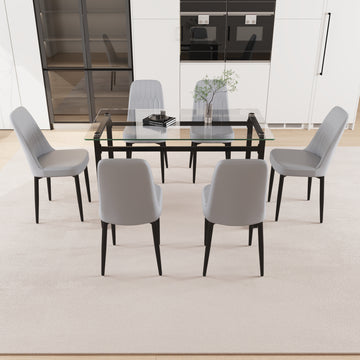 51" 6 Person Glass Dining Table Set, Kitchen Set With Black Metal Leg Dining Table And Chairs, Modern Rectangular Tempered Glass Tabletop And Dining Room Thick Cushioned Pu Dining Chair Black Gray