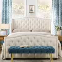 Marcella Upholstered Shelter Headboard Bed Set, Queen, Antique White Polyester Box Spring Required Queen Antique White Wood Foam Polyester Polyester