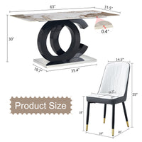 Table And Chair Set.63"X31.5" Marble Pattern Sintered Stone Table With Mdf Oc Shaped Bracket.Paired With 6 White And Dark Gray Spliced Chairs With Pu Cushions And Black Metal Legs. Dark Gray,White