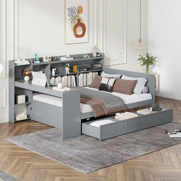 Full Size Wooden Daybed With 3 Drawers, Usb Ports And Deskgray Twin Gray Wood