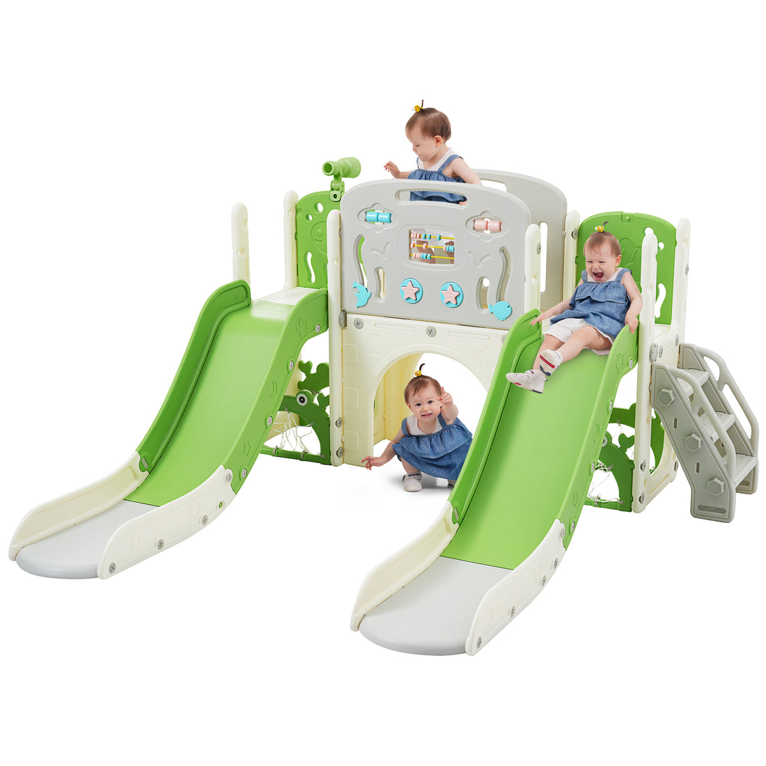 Kids Slide Playset Structure 8 In 1, Freestanding Ocean Themed Set With Slide, Arch Tunnel,Basketball Hoop And Telescope, Double Slides For Toddlers, Kids Climbers Playground Green 50 99 Lbs Cute 1 To 2 Years Hdpe Indoor & Outdoor Use