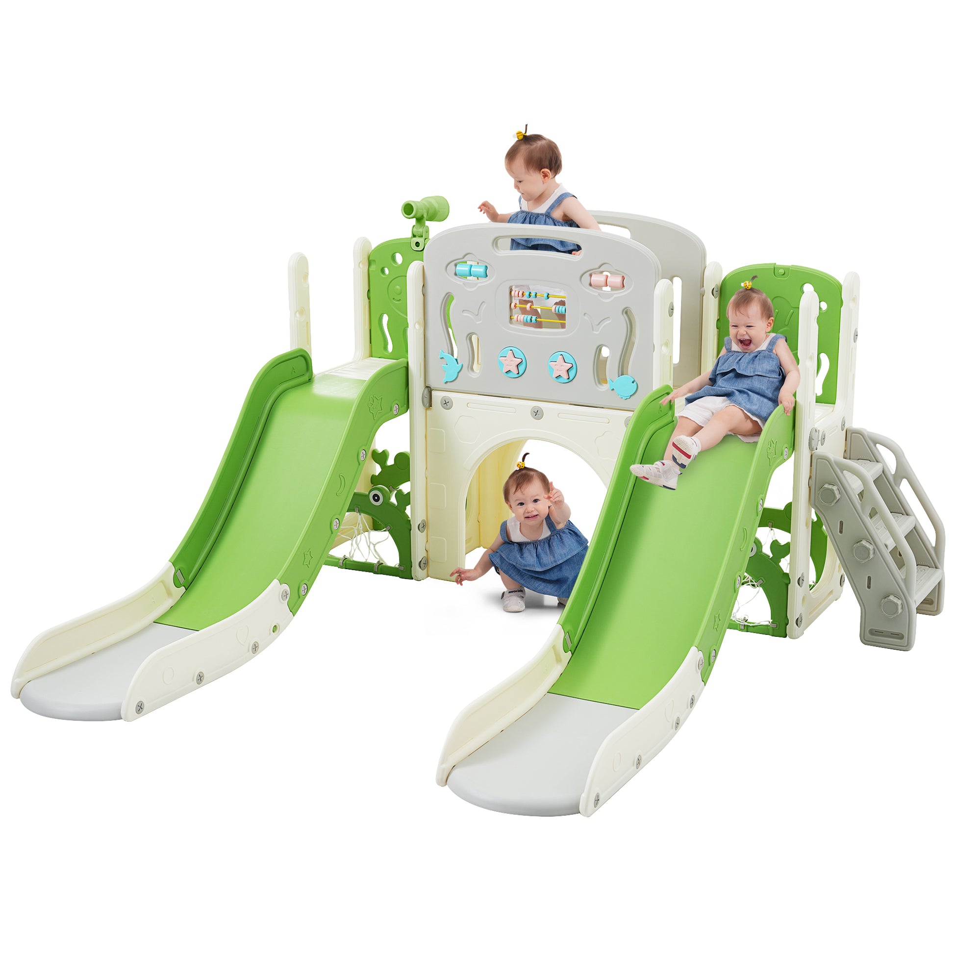 Kids Slide Playset Structure 8 In 1, Freestanding Ocean Themed Set With Slide, Arch Tunnel,Basketball Hoop And Telescope, Double Slides For Toddlers, Kids Climbers Playground Green 50 99 Lbs Cute 1 To 2 Years Hdpe Indoor & Outdoor Use