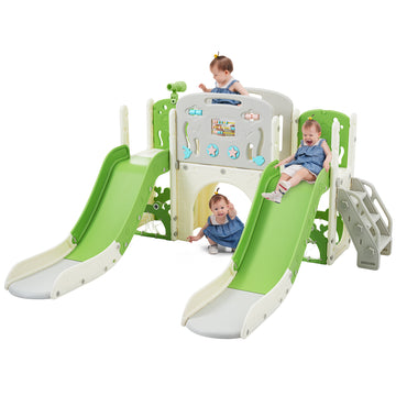 Kids Slide Playset Structure 8 In 1, Freestanding Ocean Themed Set With Slide, Arch Tunnel,Basketball Hoop And Telescope, Double Slides For Toddlers, Kids Climbers Playground Green 50 99 Lbs Cute 1 To 2 Years Hdpe Indoor & Outdoor Use