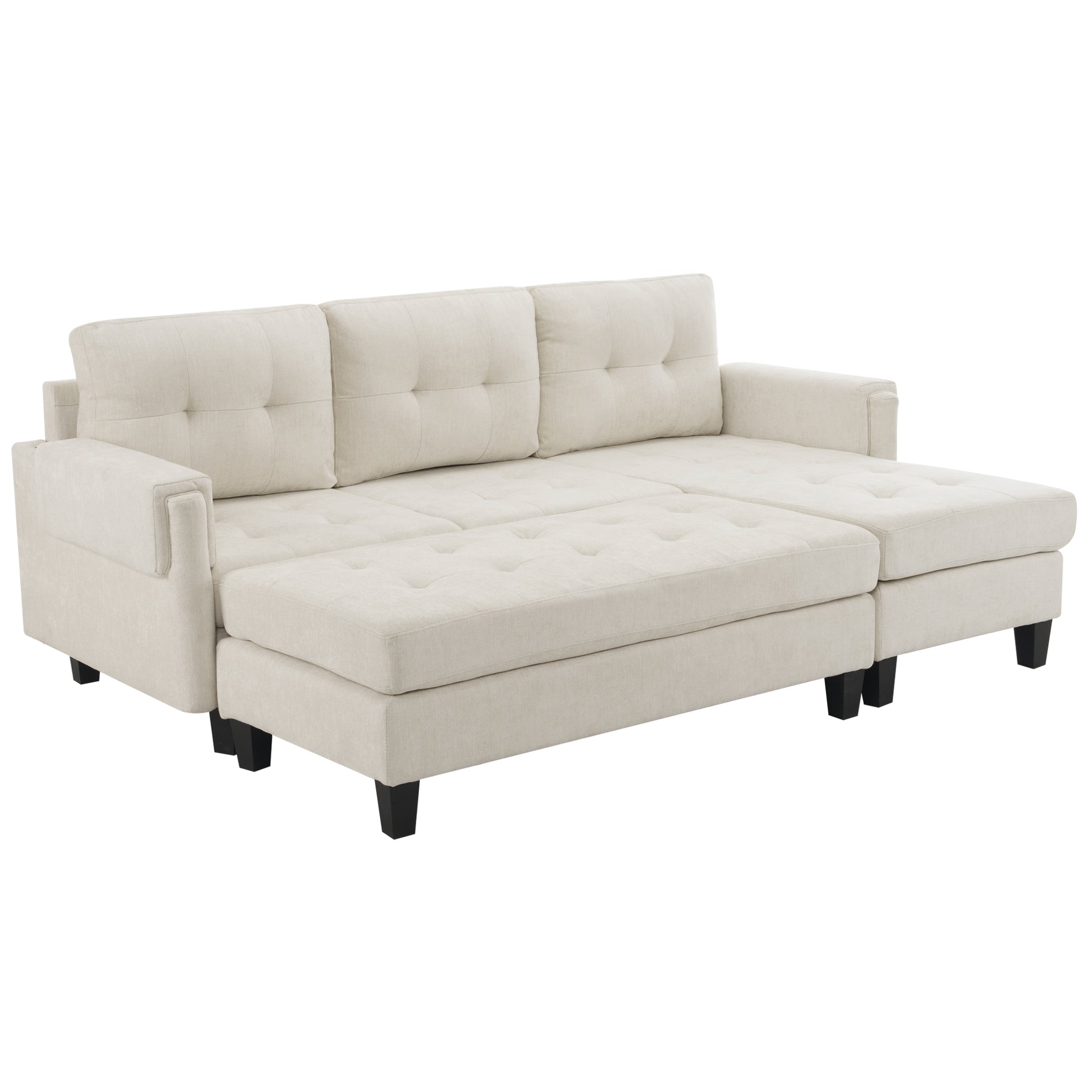 83.4" L Shaped Sofa Sectional Couch Sofa Bed With Two Usb Ports, A Movable Ottoman And A Reversible Chaise Lounge For Living Room, Beige Beige Foam Chenille 5 Seat