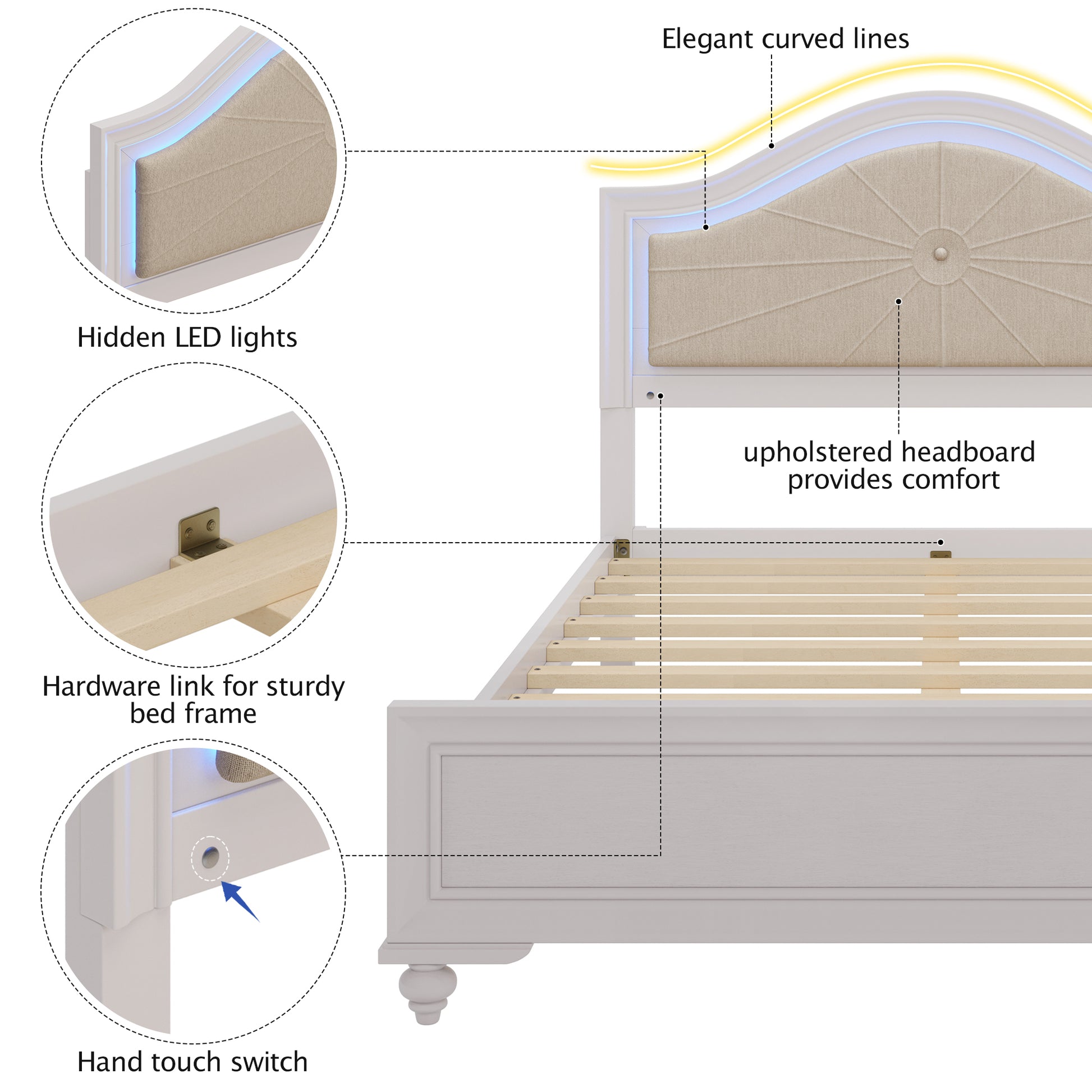 Modern Queen Size Wood Bed With Hidden Led Light Upholstered Curved Headboard, No Box Spring Needed, Cream Grey Queen Cream Grey Upholstered,Wood