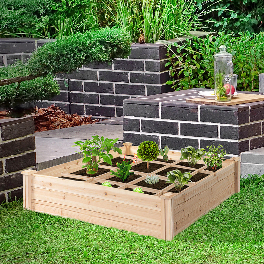 Outsunny Raised Garden Bed Kit, 4' X 4' Outdoor Wooden Planter Box With 9 Growing Grids, For Plants And Herbs Natural Wood