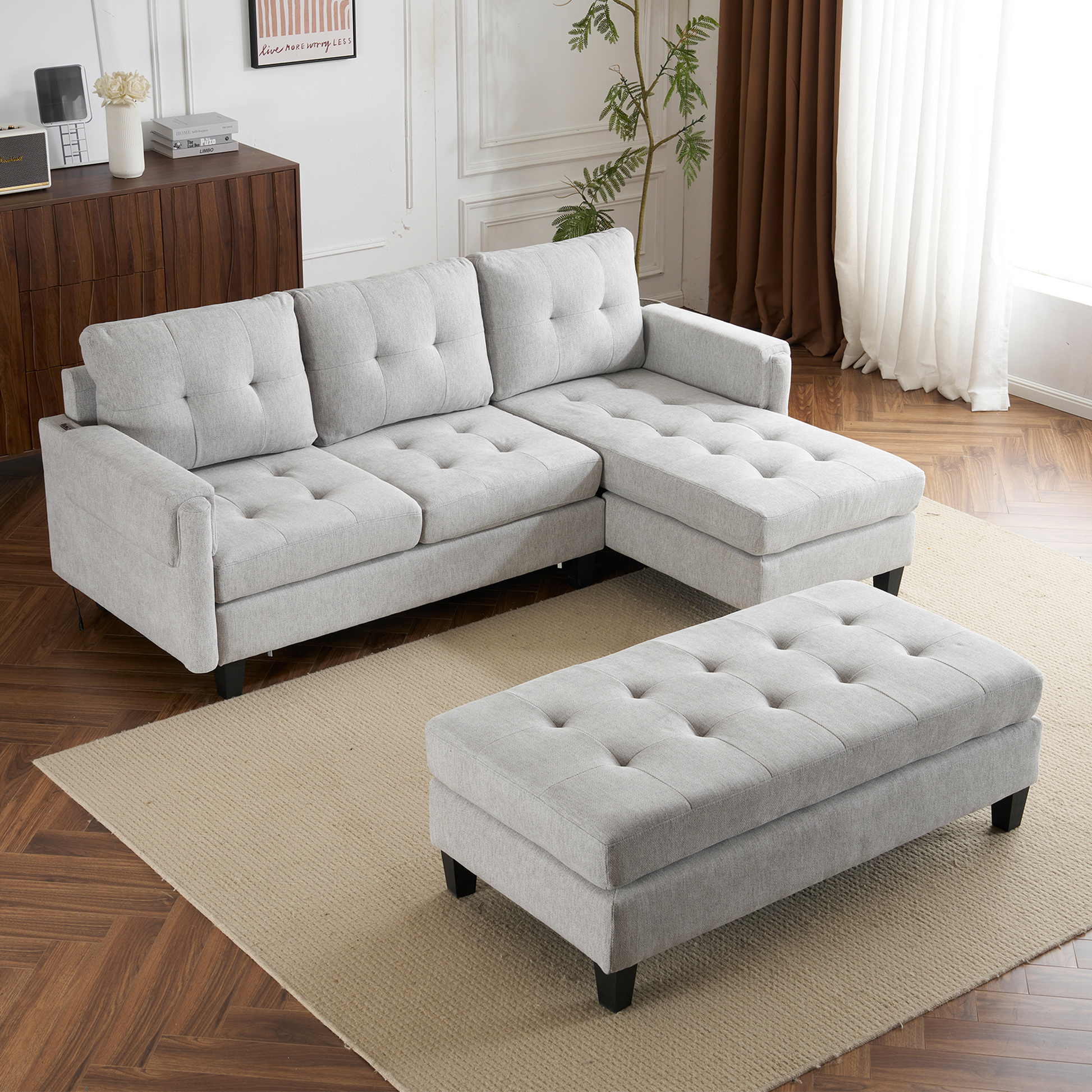 83.4" L Shaped Sofa Sectional Couch Sofa Bed With Two Usb Ports, A Movable Ottoman And A Reversible Chaise Lounge For Living Room, Grey Grey Foam Chenille 5 Seat