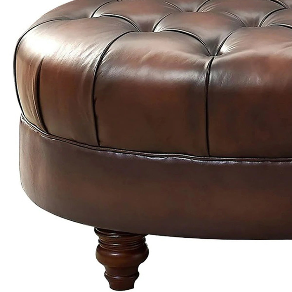 Newport Leather Ottoman Wood Primary Living Space Solid Brown Eucalyptus Wood Nailhead Trim Caramel Genuine Leather Genuine Leather Medium Firm Backless Mid Century Modern Oval Armless Down Filling Leather