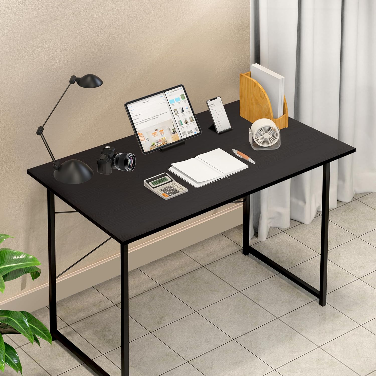 Small Space Writing Desk With Headphone Hooks Modern Simple Design, Suitable For Study, Home Office And Children'S Room, 40 Inch, Black Black Wood