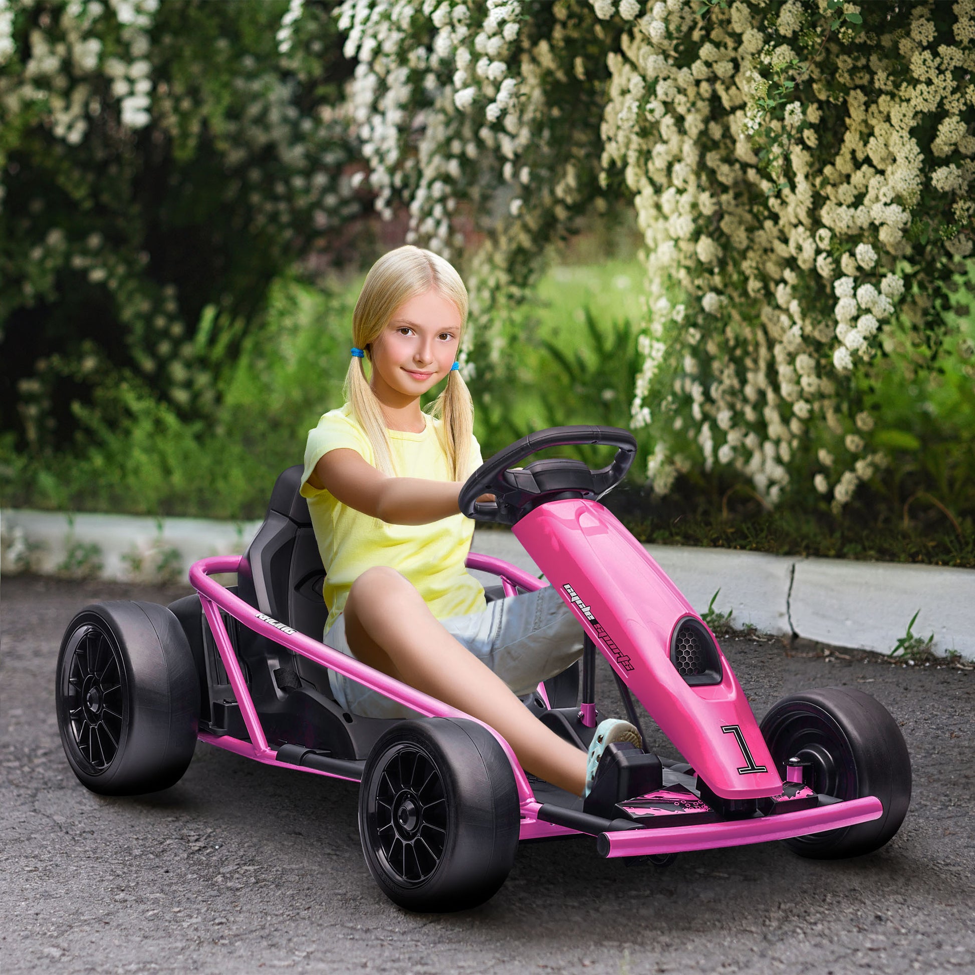 Aosom 24V 8.1 Mph Electric Go Kart, Drifting Car Battery Powered Ride On Toy Outdoor With Slow Start, Music, Horn Honking And Safety Belt, For 8 12 Years Old, Pink Pink Plastic