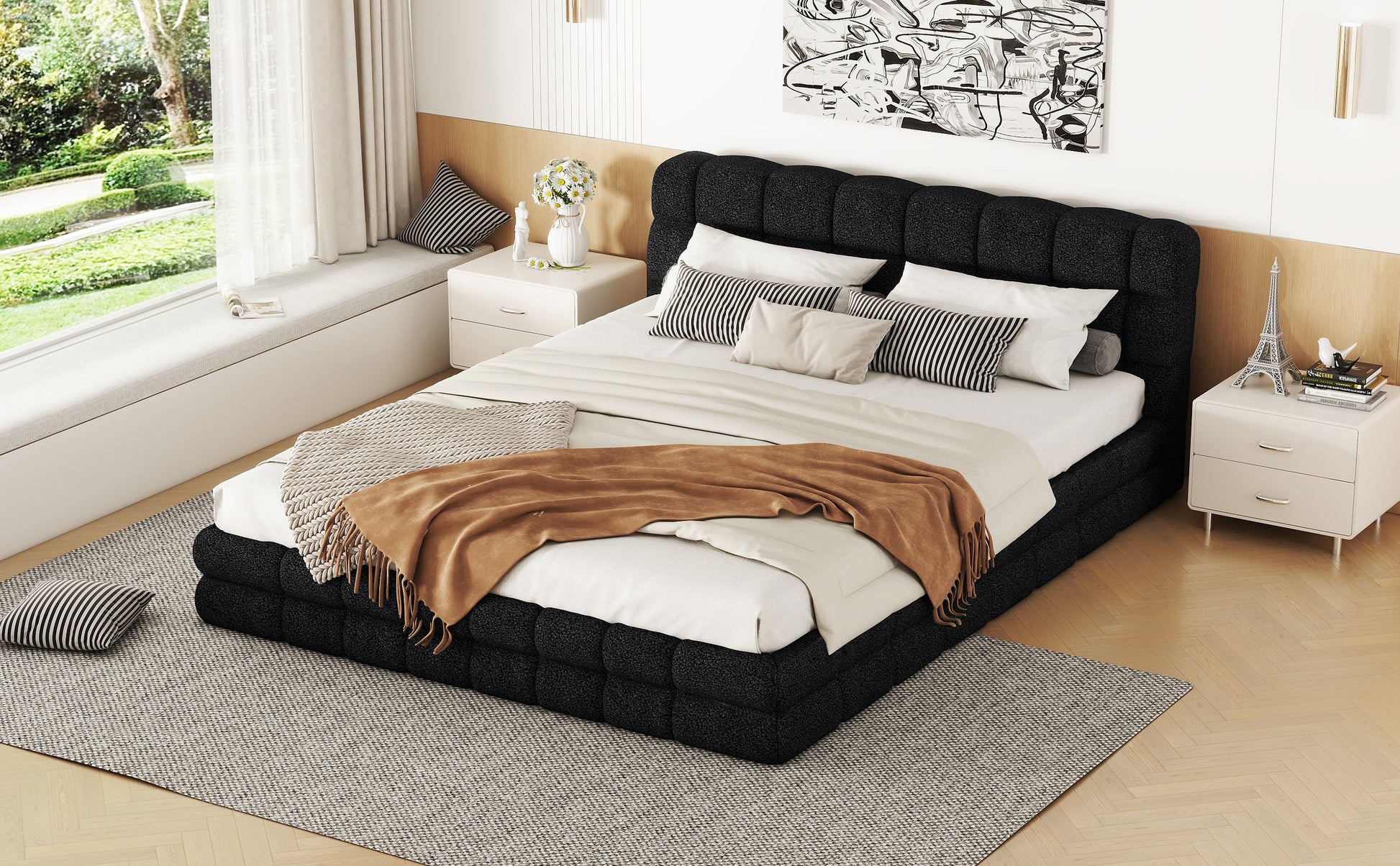 Queen Size Upholstered Platform Bed, Black Box Spring Not Required Queen Black Wood Bedroom Bed Frame Upholstered