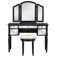 43" Dressing Table Set With Mirrored Drawers And Stool, Tri Fold Mirror, Makeup Vanity Set For Bedroom, Black Black Solid Wood Mdf