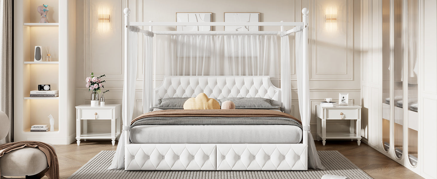 King Size Metal Canopy Platform Bed With Upholstered Headboard And Two Storage Drawers, White King White Metal