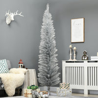 Homcom 7' Artificial Pencil Christmas Tree, Slim Xmas Tree With 499 Realistic Branch Tips And Plastic Stand, Silver Silver Plastic