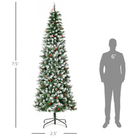 Homcom 7.5Ft Pre Lit Snow Dipped Artificial Christmas Tree With Realistic Branches, 350 Led Lights, Pine Cones, Red Berries And 1075 Tips Green Pvc