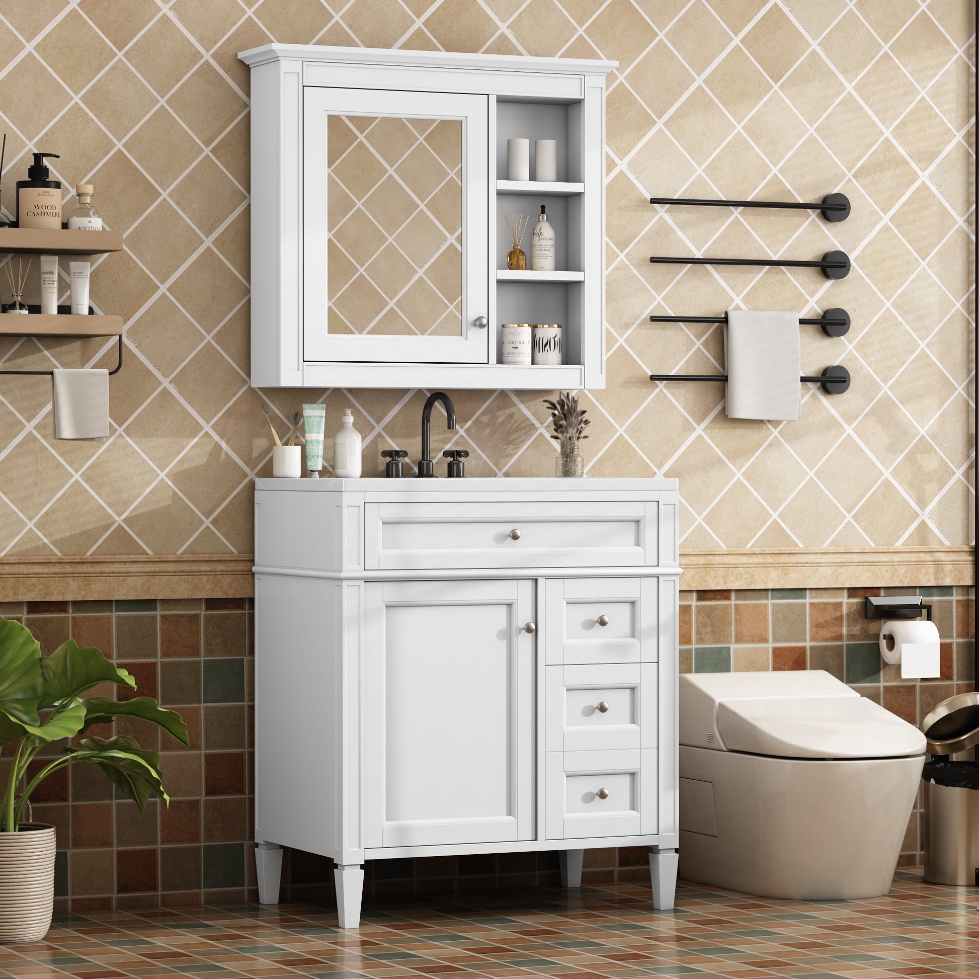 30'' Bathroom Vanity With Top Sink, Modern Bathroom Storage Cabinet With 2 Drawers And A Tip Out Drawer, Freestanding Vanity Set With Mirror Cabinet, Single Sink Bathroom Vanity 3 White Bathroom Solid Wood Mdf Resin Painted