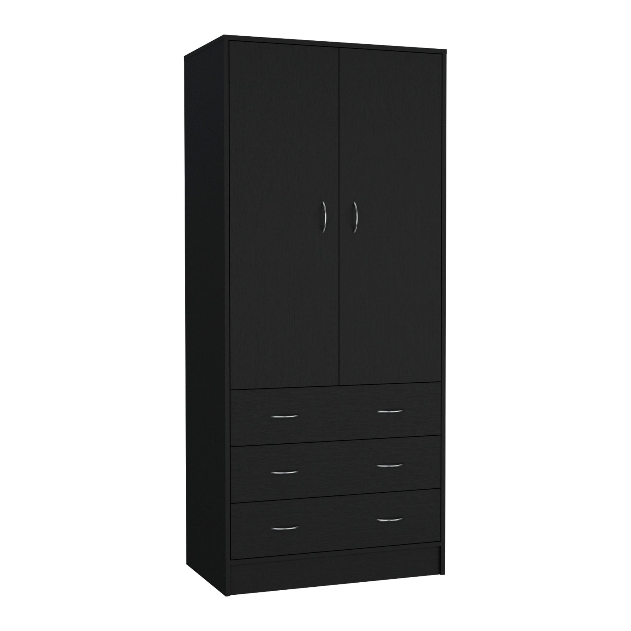 Armoire 71" H, With 2 Doors, 3 Drawers And 1 Hanging Rod, Black Black Solid Wood Mdf Engineered Wood