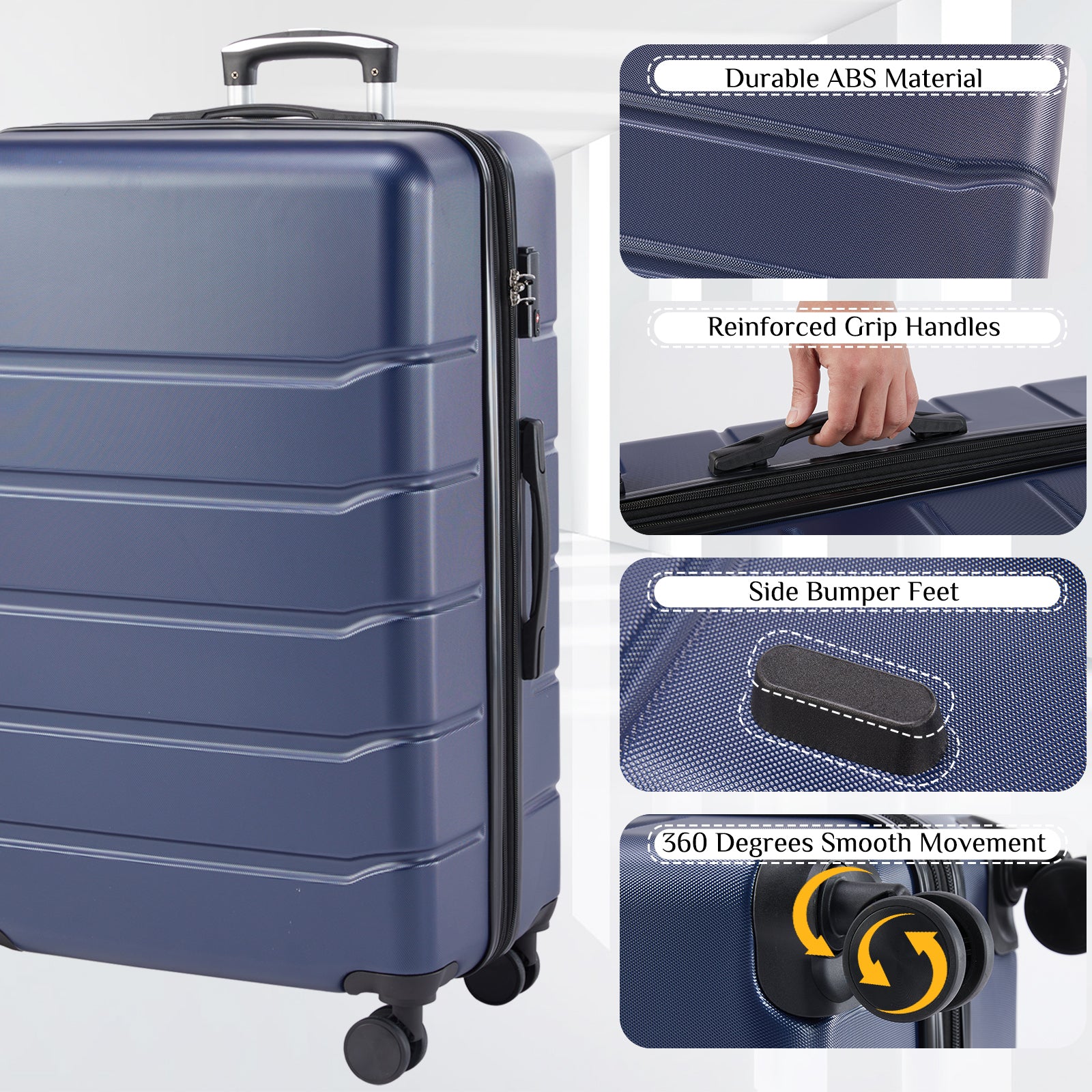 Hard Sided Expand Suitcase With Rotating Wheels, Tsa Lock, Retractable Handle, Blue, 28" Blue Iron Plastic