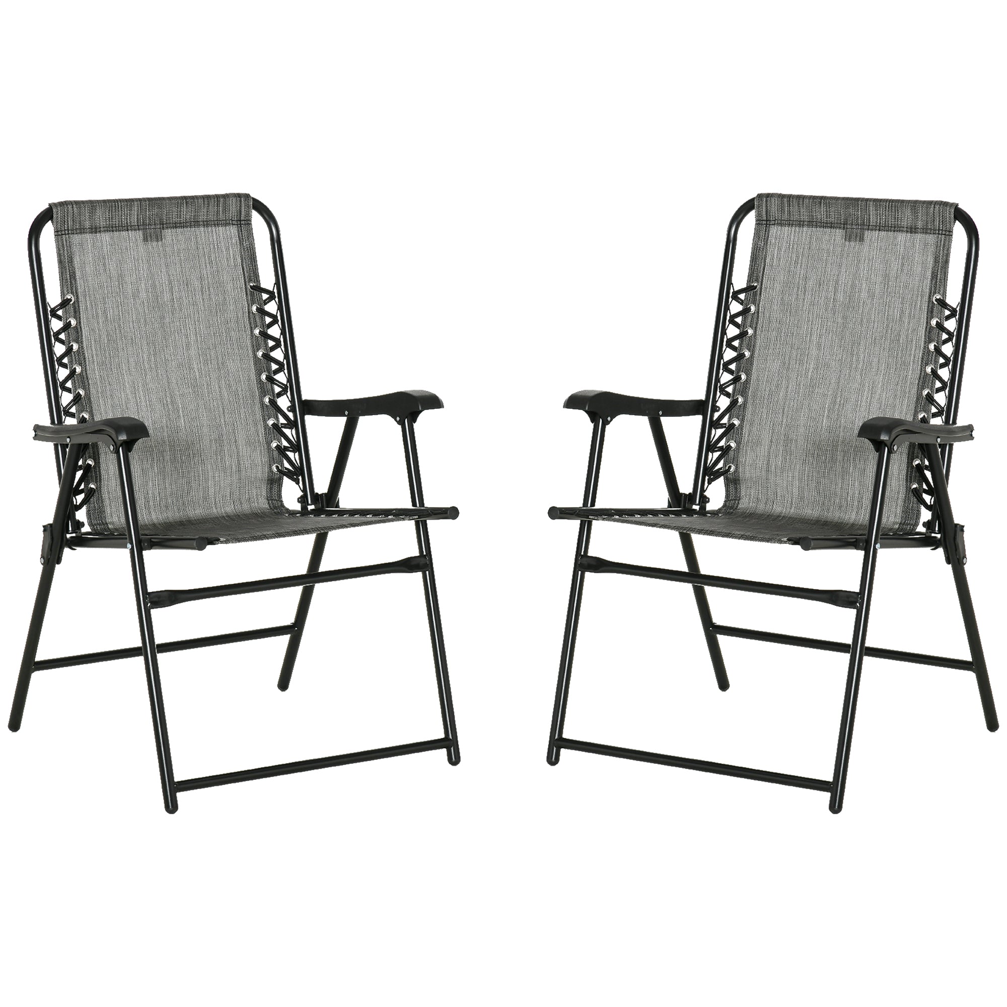 Outsunny Set Of 2 Patio Folding Chairs, Outdoor Bungee Sling Chairs W Armrests, Portable Lawn Chairs For Camping, Garden, Pool, Beach, Backyard, Gray Gray Steel