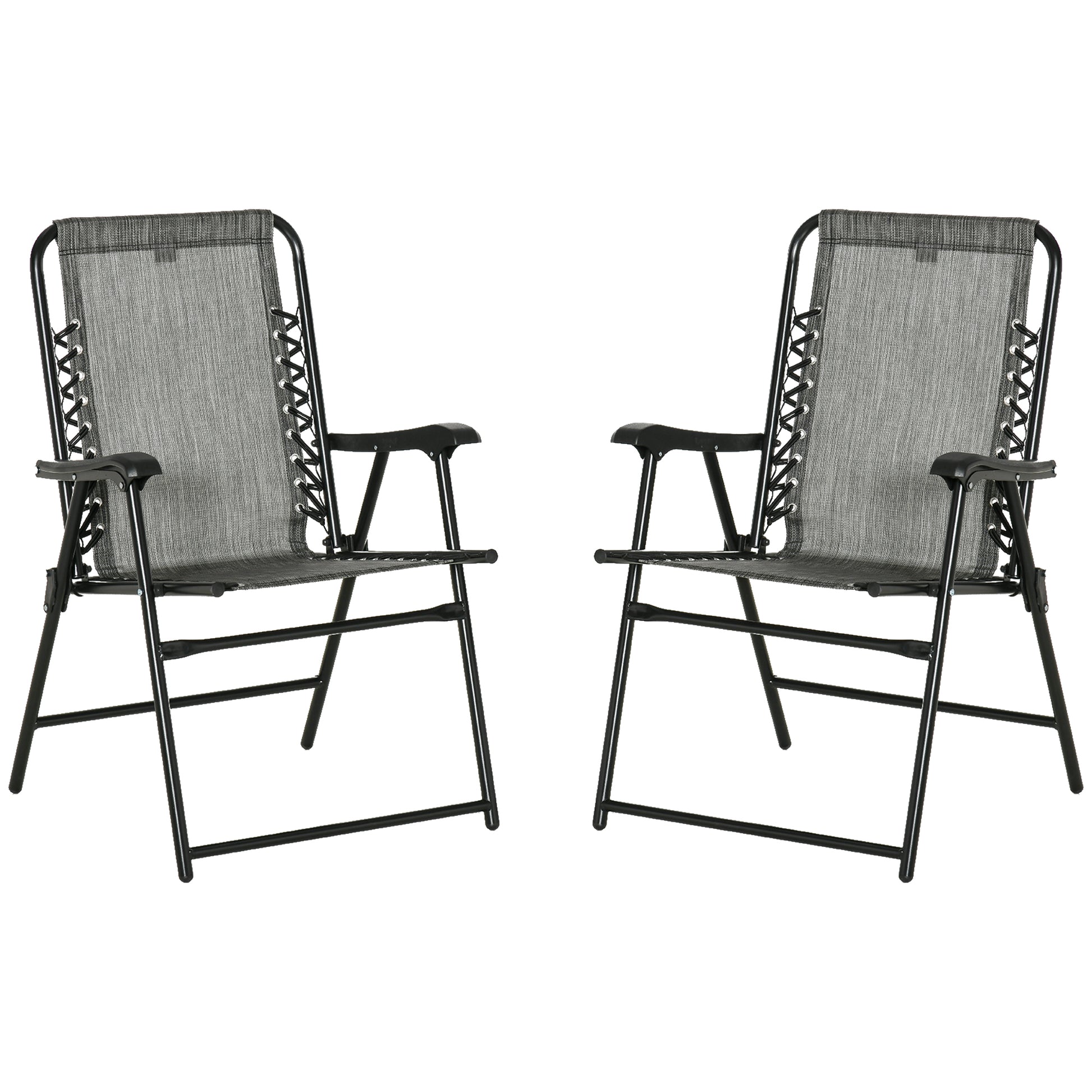 Outsunny Set Of 2 Patio Folding Chairs, Outdoor Bungee Sling Chairs W Armrests, Portable Lawn Chairs For Camping, Garden, Pool, Beach, Backyard, Gray Gray Steel