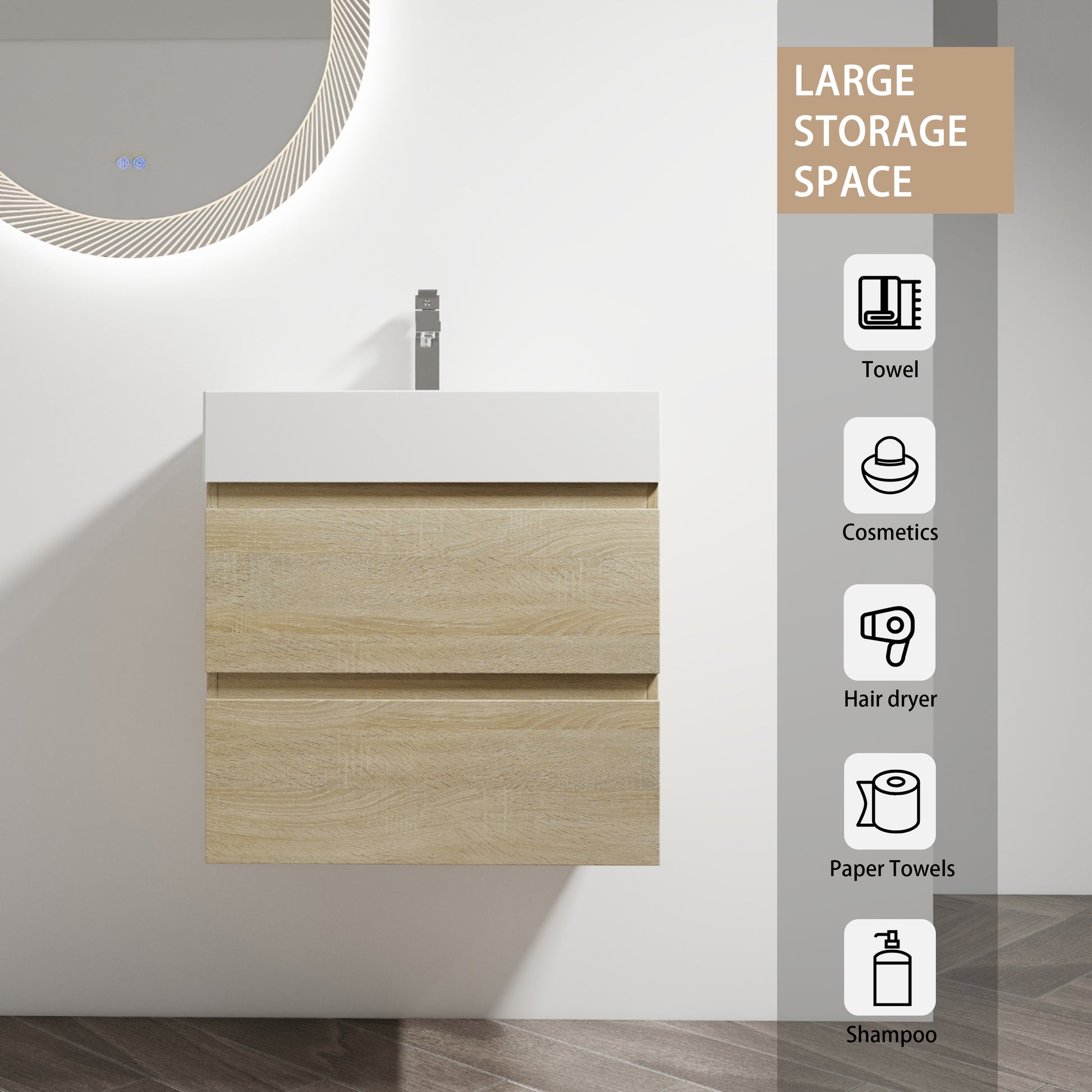 24" Wall Mounted Bathroom Vanity With Resin Sink, 2 Soft Close Drawers, Kd Package 2 Light Oak Bathroom Wall Mounted Modern Plywood