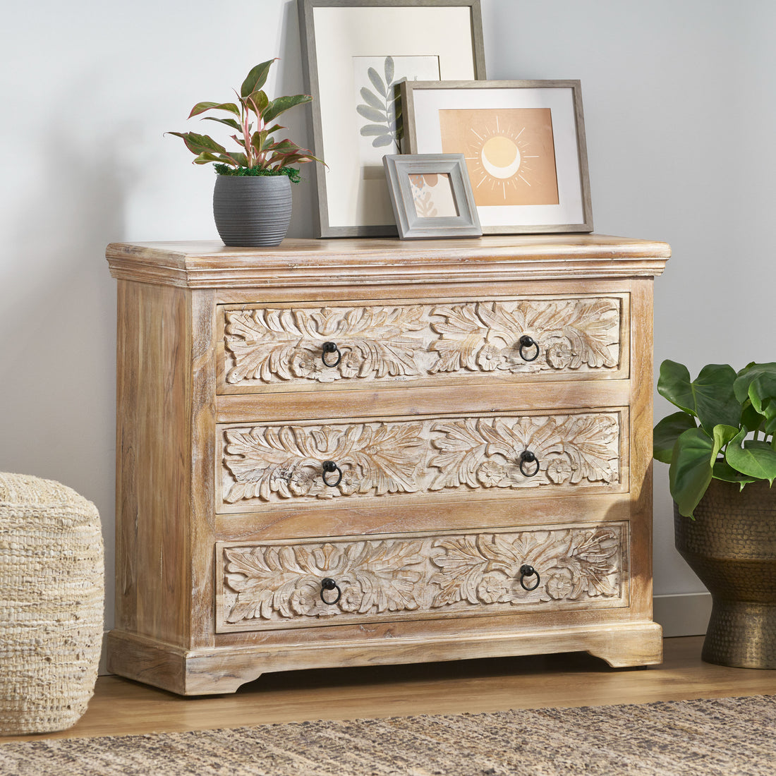 Acacia Wood 3 Drawer Dresser, 40 Inches Wide Accent Storage Cabinet White Natural Wood