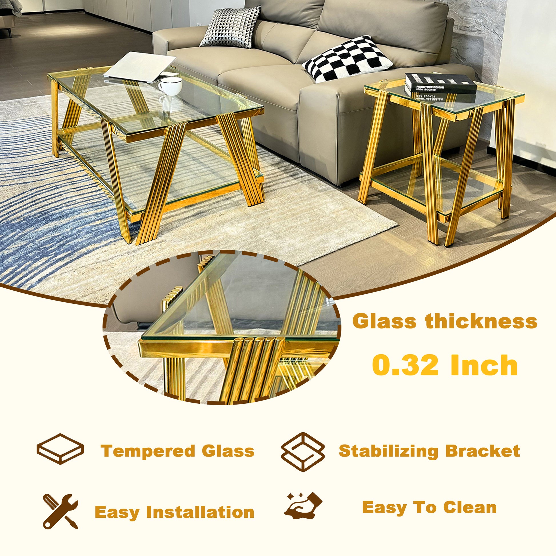 47" Wide Rectangle Modern Stainless Steel Coffee Table, Double Layer Clear Tempered Glass Coffee Table, Center Table With Storage, For Living Room Home Office, Easy Assembly, Gold Clear,Gold Modern