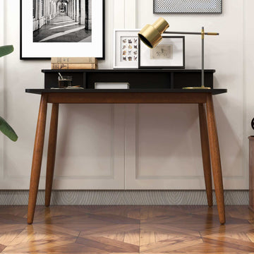 Hayley Rectangular Solid Wood Desk In Black Black,Brown Brown Office Mid Century Modern Rectangular Open Storage Desk Rectangular Solid Wood