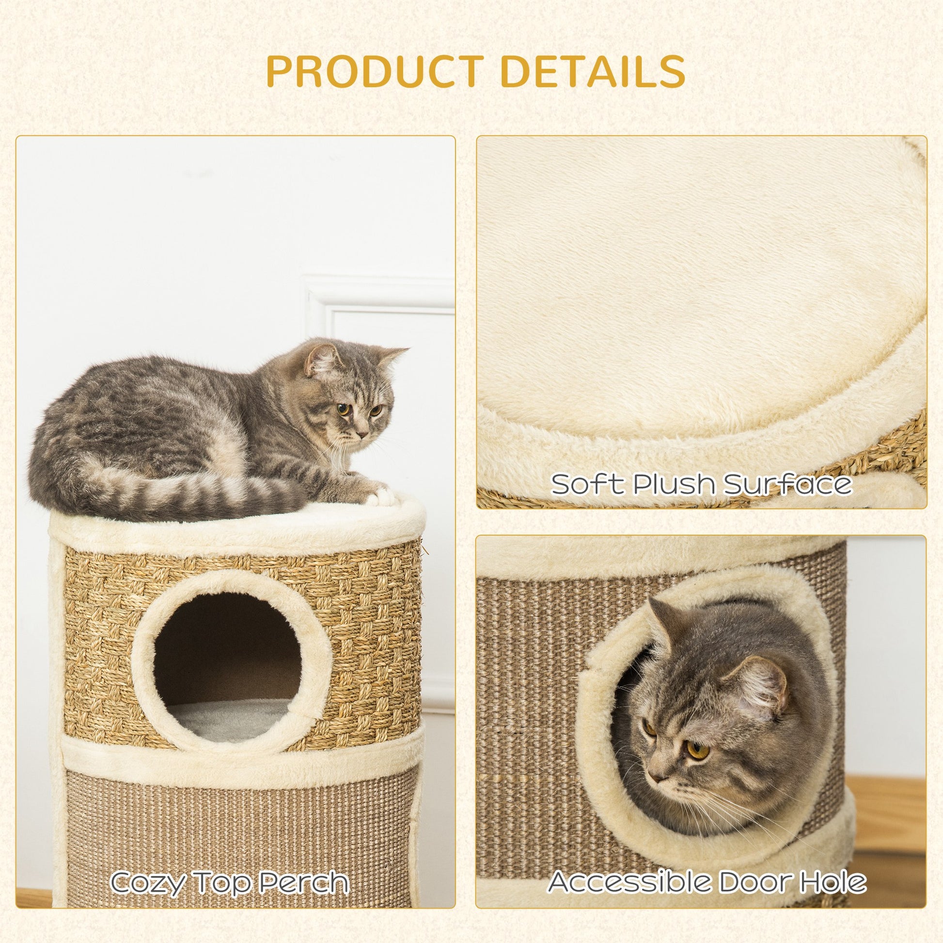 Pawhut 28 Inch Cat Condo, 3 Story Cat Hideaway With Sisal Scratching Pad, Barrel Shaped Small Cat Tree For Indoor Cats, Khaki And Brown Khaki Particle Board