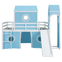 Full Size Loft Bed With Slide Pink Tent And Tower Blue Old Sku:Wf298771Aac Full Blue Solid Wood