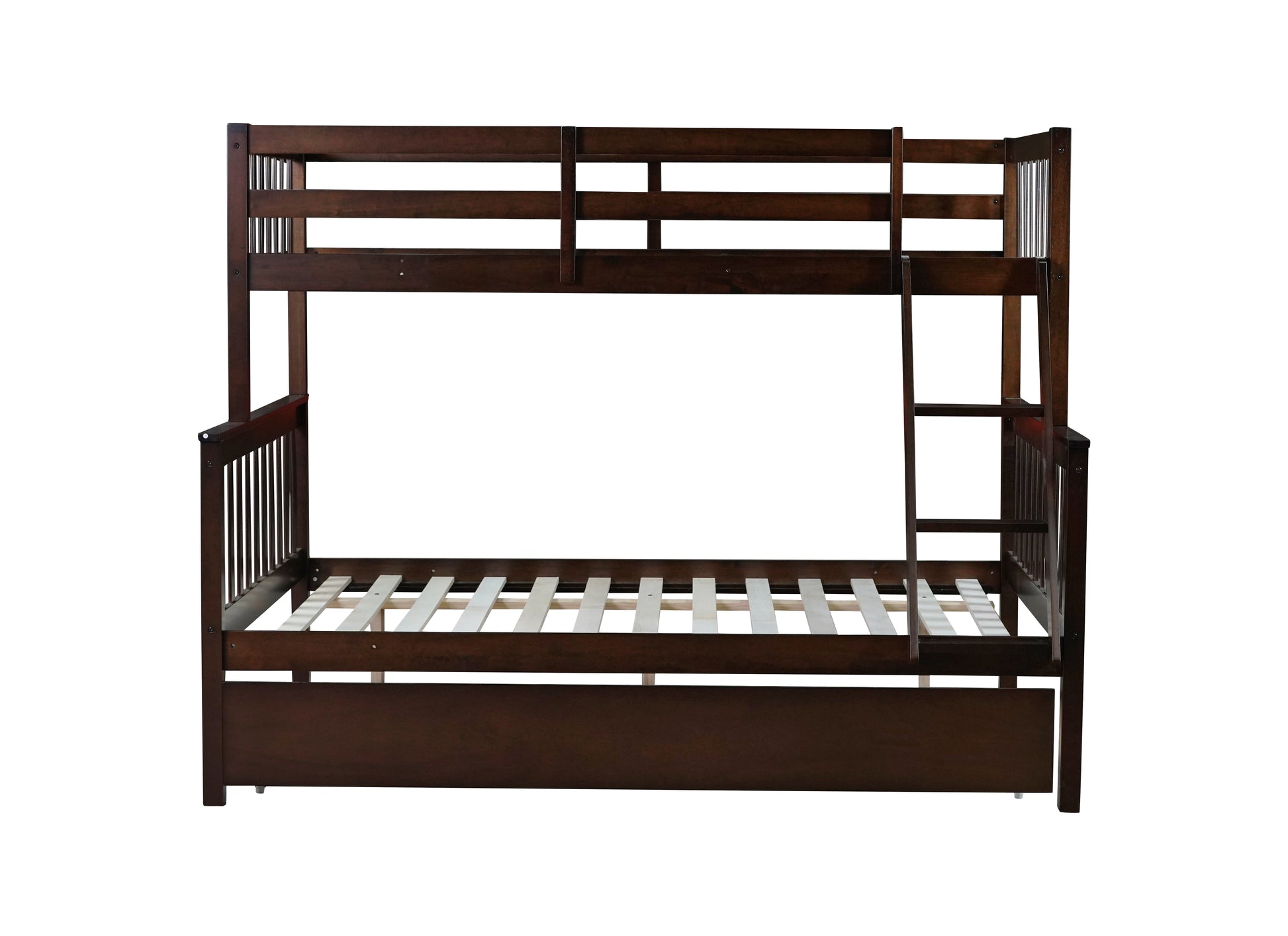 Twin Over Full Rubber Wood Bunk Bed With Trundle, Convertible Ladder And Guardrail, Detachable, Convertible Bed, With Twin Size Trundle ,Espresso Twin Espresso Rubber Wood