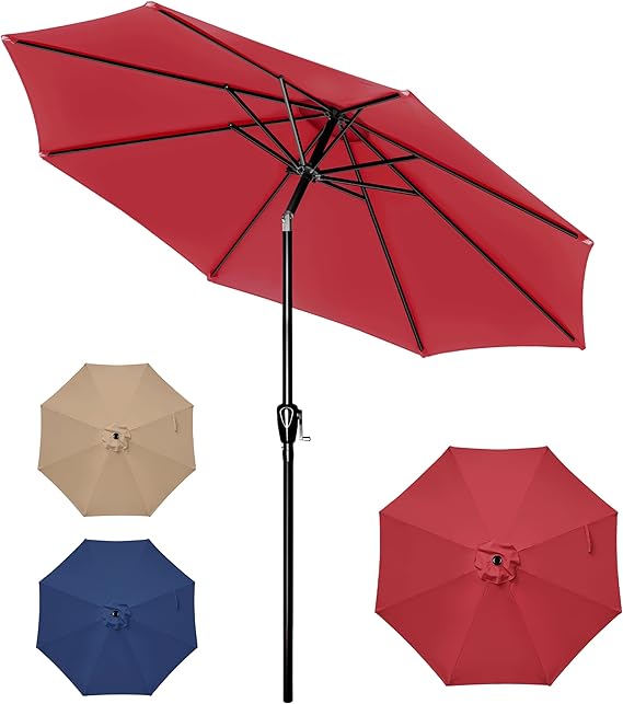 10Ft Outdoor Market Patio Umbrella With 8 Sturdy Ribs, Tilt Crank Push Button For Garden, Deck, Backyard And Pool Red Stainless Steel