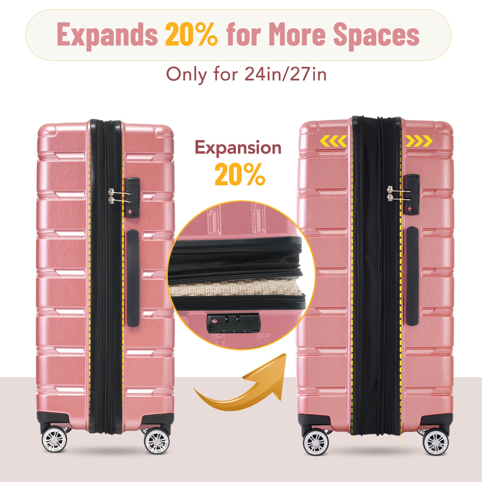 3 Piece Luggage Set Suitcase Set, Lightweight Durable Suitcase With Wheels And Tsa Lock, Expandable Travel Family Luggage For Men Women 20" 24" 27" Rose Gold Abs Pc