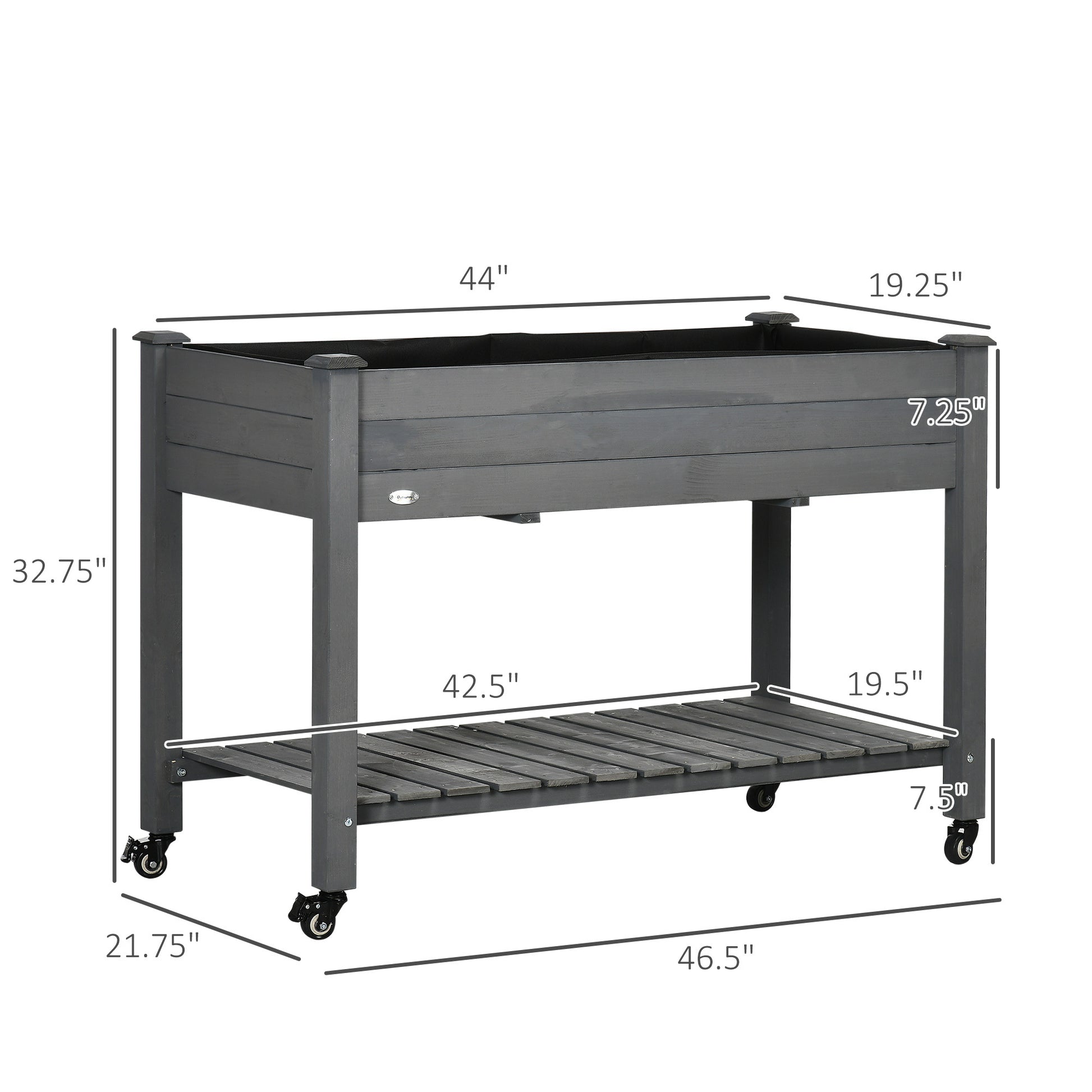 Outsunny Raised Garden Bed, 47" X 22" X 33", Elevated Wooden Planter Box With Lockable Wheels, Storage Shelf, And Bed Liner For Backyard, Patio, Dark Gray Gray Wood