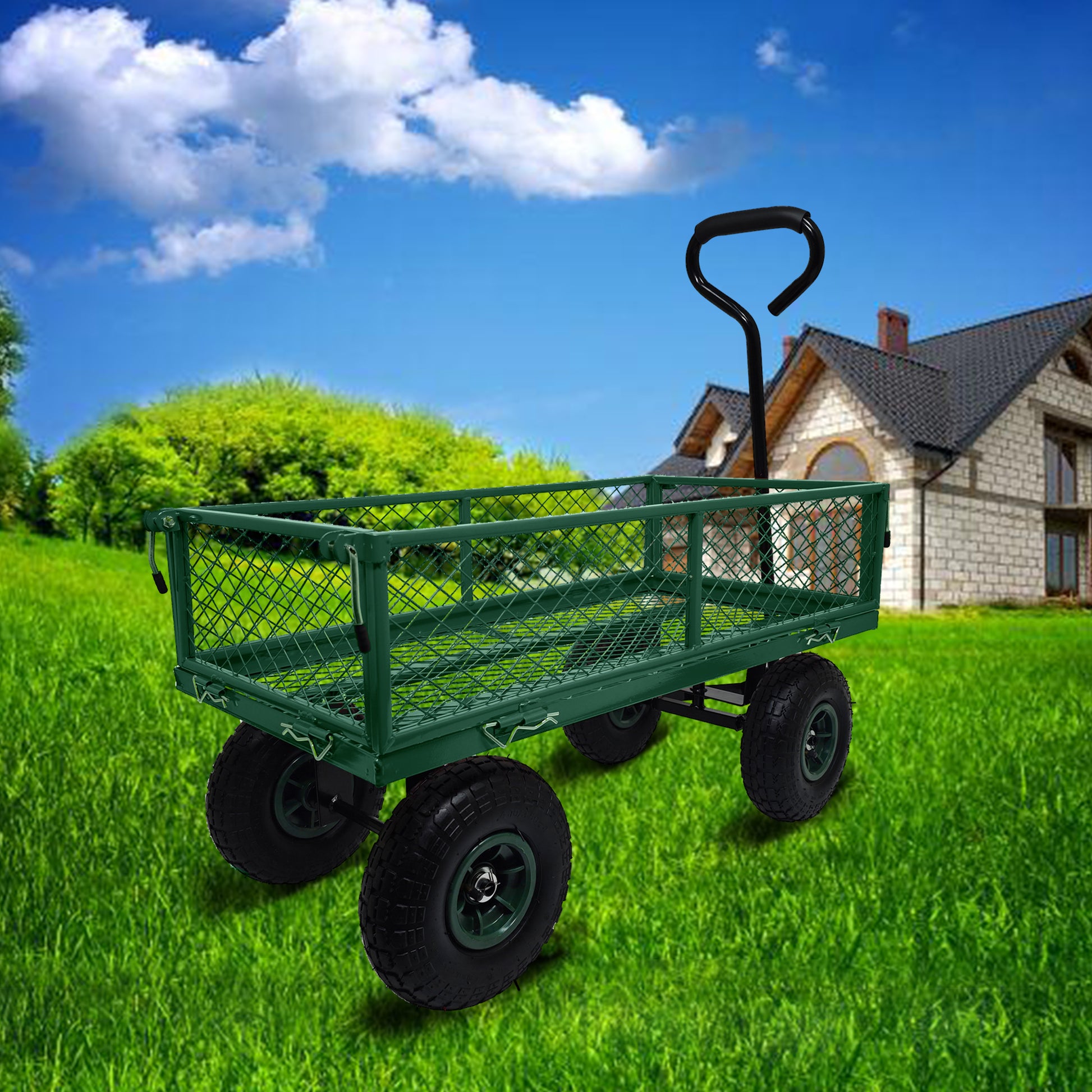 3 Cu. Ft. 300 Lbs. Capacity Removable Sides Metal Steel Mesh Heavy Duty Utility Wagon Outdoor Garden Cart In Green Green Steel