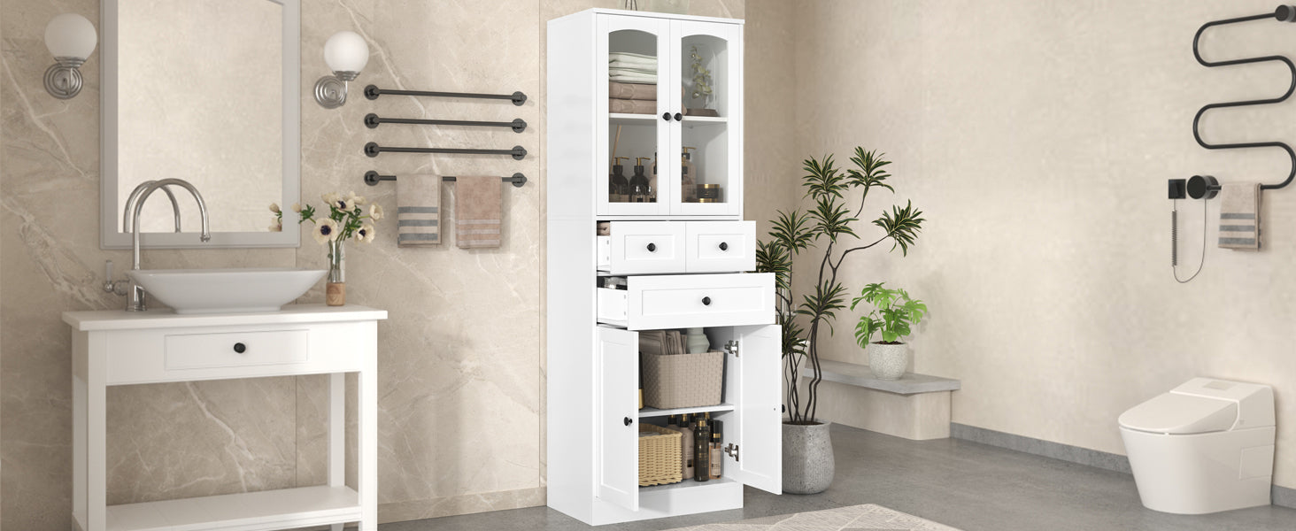 Tall Bathroom Storage Cabinet, Cabinet With Four Doors And Drawers, Adjustable Shelf, Mdf Board, White White Mdf