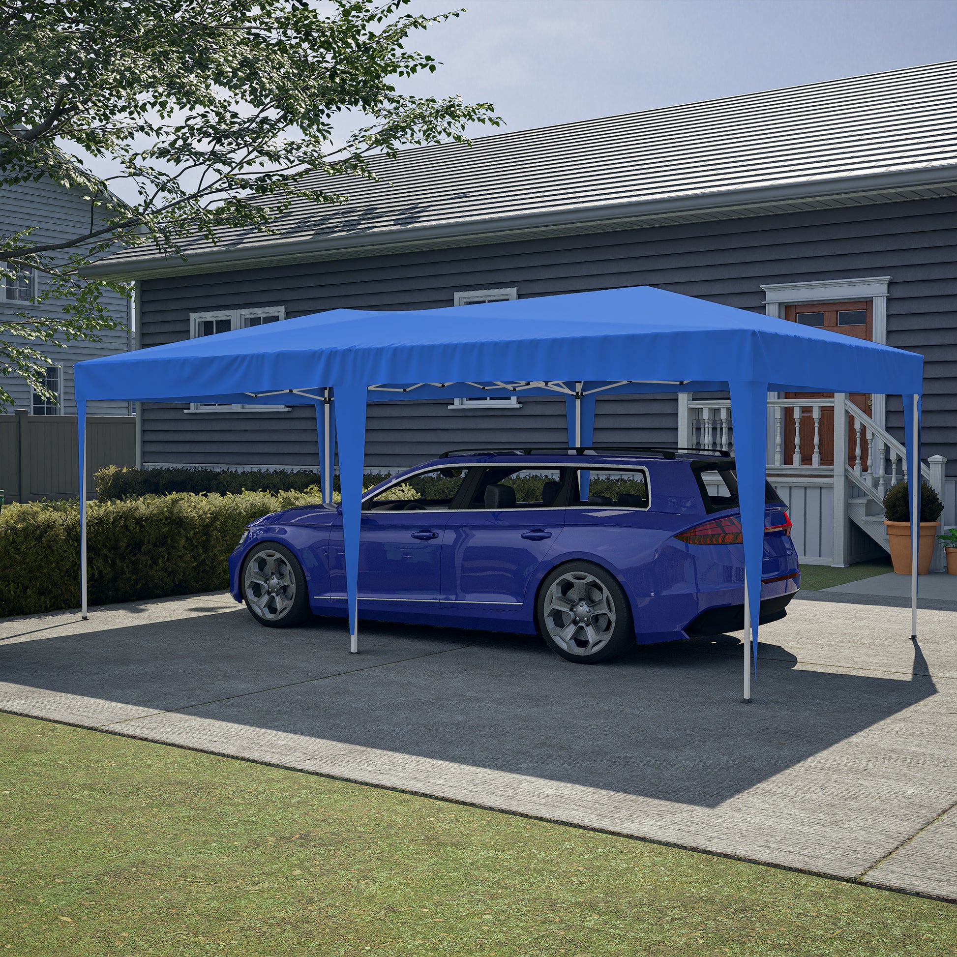 10'X20' Pop Up Canopy Tent With 6 Sidewalls, Ez Pop Up Outdoor Canopy For Parties, Waterproof Commercial Tent With 3 Adjustable Heights, Carry Bag, 6 Sand Bags, 6 Ropes And 12 Stakes, Blue Blue Metal