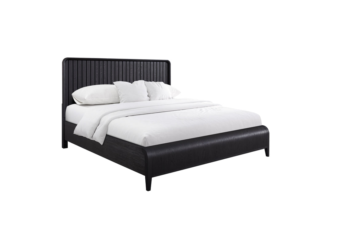 Queen Waterfall Panel Bed Black Solid Wood Mdf