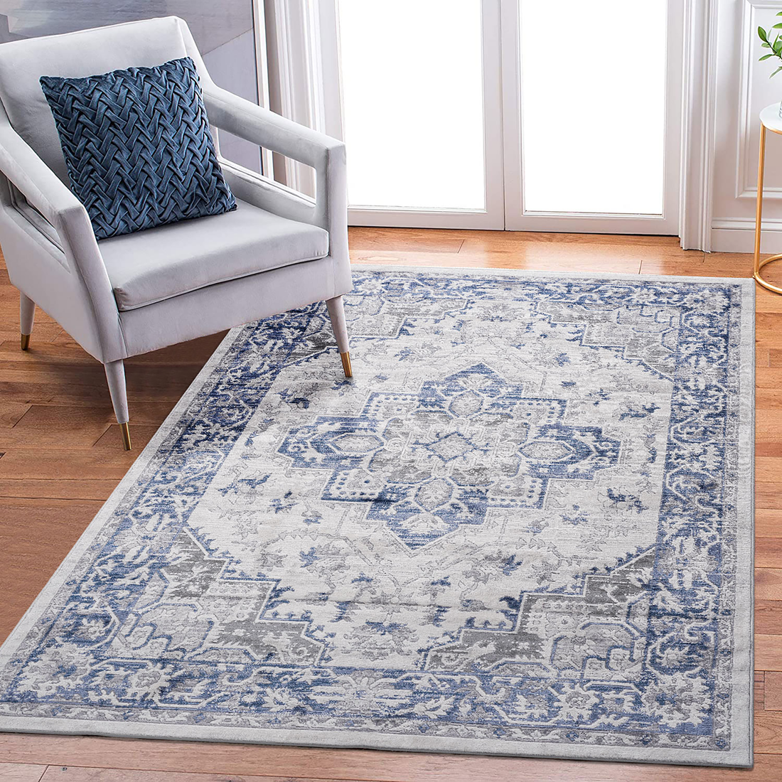 8X10 Blue Grey Oriental Non Shedding Living Room Bedroom Dining Home Office Stylish And Stain Resistant Area Rug Blue Grey Polyester