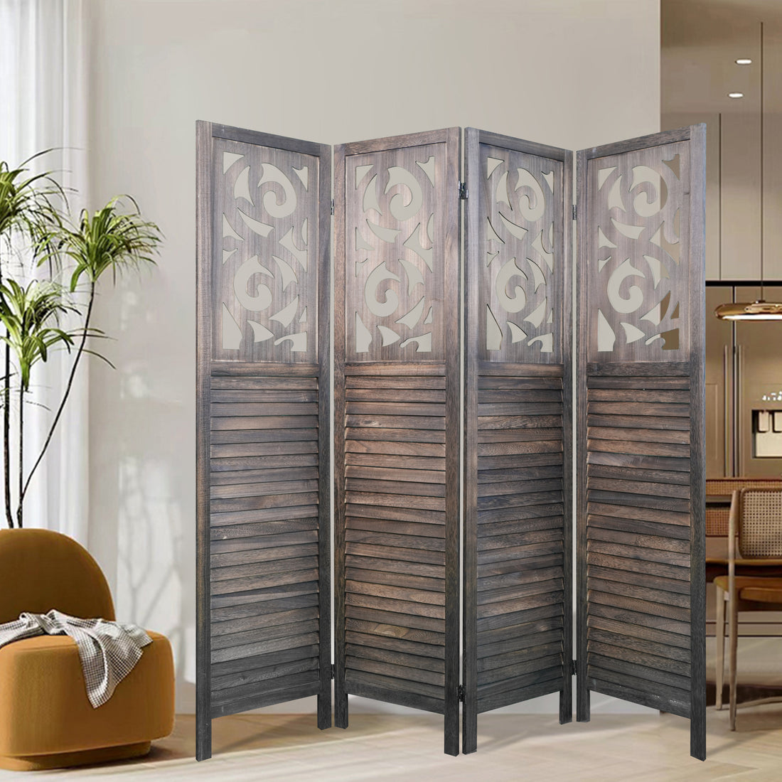 4 Panel Room Dividers, 6Ft Carved Wood Room Divider Partition Room Dividers Wall Wooden Carved Folding Privacy Screens Foldable Panel Wall Divider For Office Restaurant, Rustic Brown Rustic Brown Classic Wood