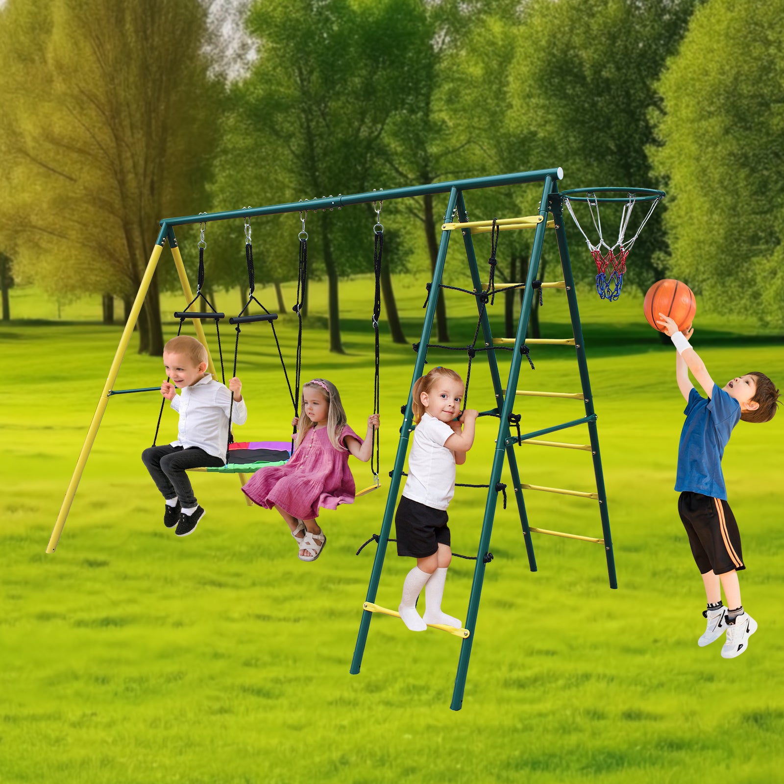 Indoor Outdoor Metal Swing Set With Safety Belt For Backyard Multicolor Steel