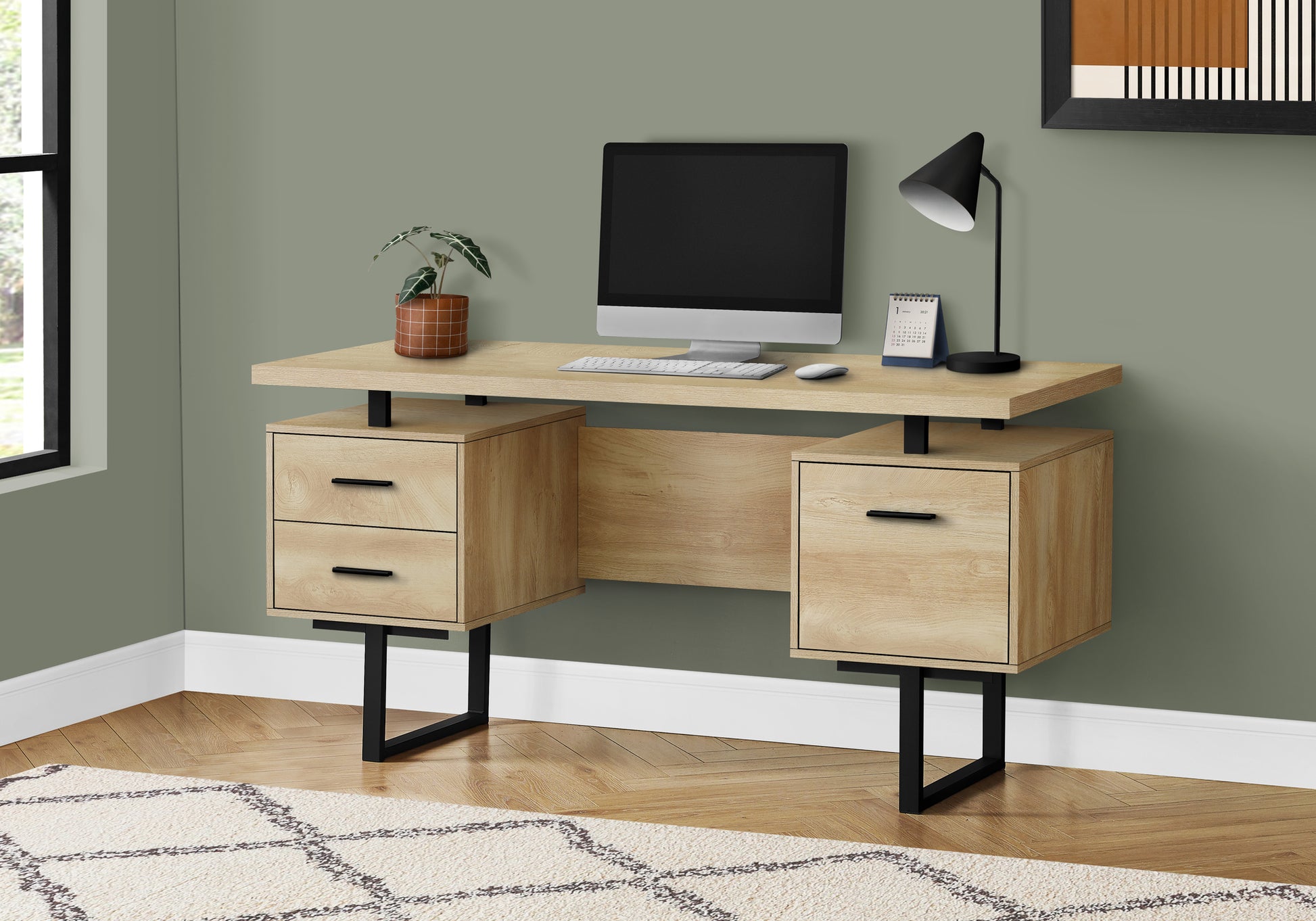 Computer Desk, Home Office, Laptop, Left, Right Set Up, Storage Drawers, 60"L, Work, Natural Laminate, Black Metal, Contemporary, Modern Natural Particle Board