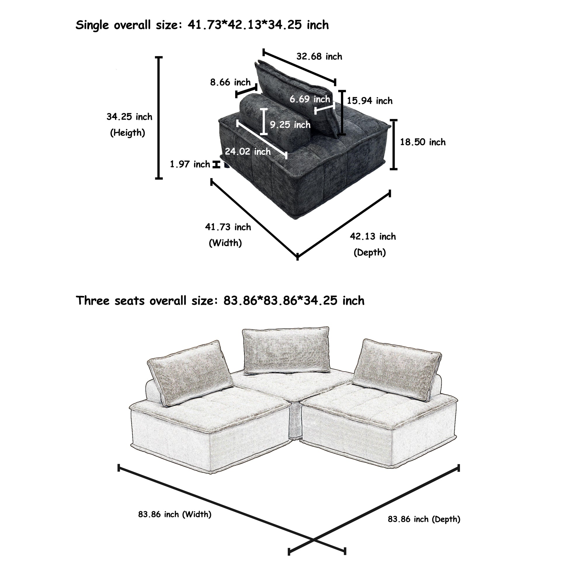 P41 3 Modular Modern Chenille Sofa Create Custom Comfort For Your Living Space Black Color Fx P41 3S Bk Black Chenille 3 Seat