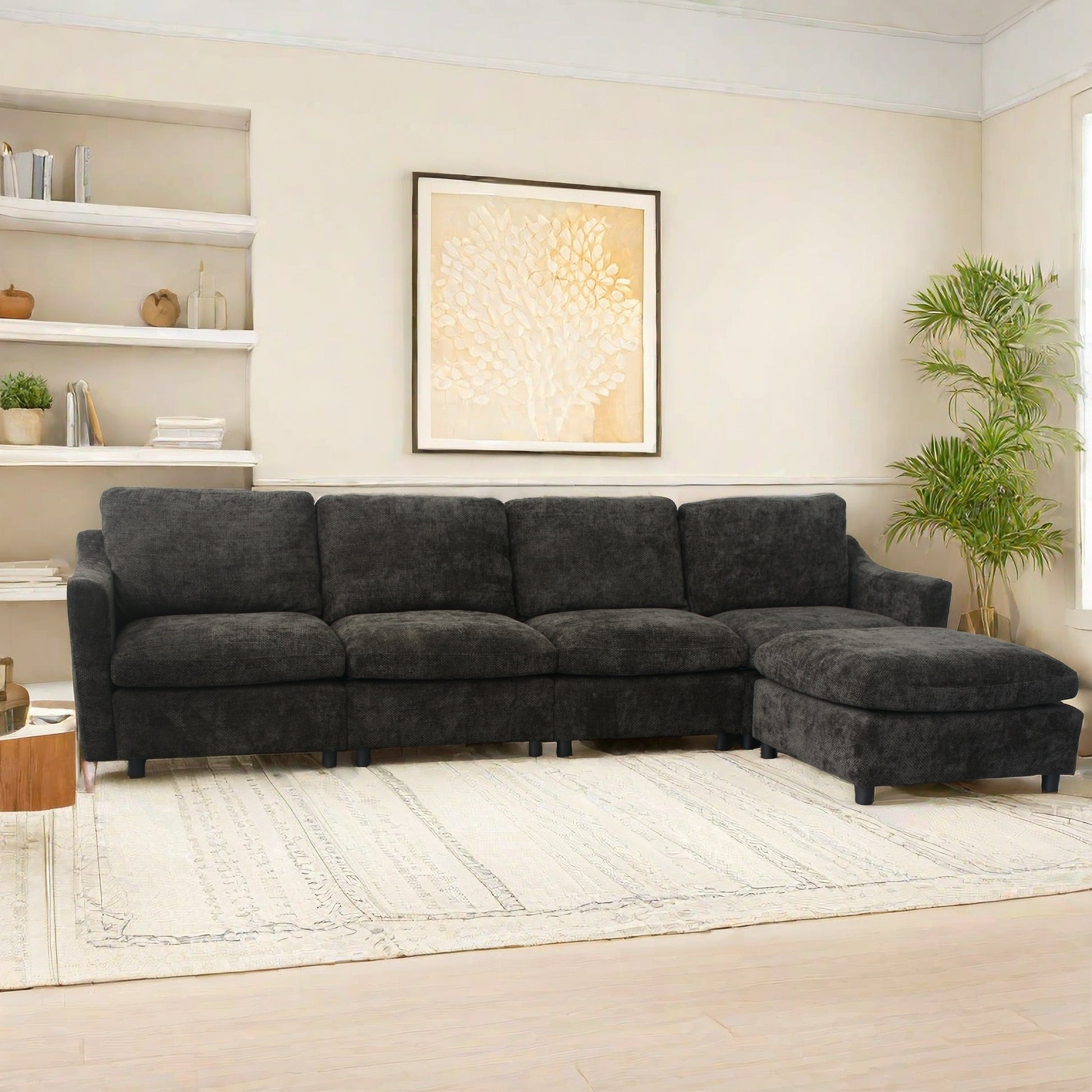 Modern Oversized Deep Seat Sectional Sofa With Reversible Chaise, Loop Yarn Fabric Five Seat Armless Indoor Furniture, Convertible Black L Shaped Couch For Living Room, Apartment, Two Colors Black