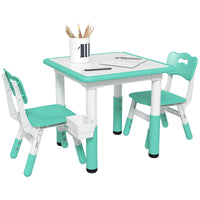 Qaba 3 Pieces Kids Table And Chairs, Height Adjustable Toddler Table And Chair Set With Storage, Easy To Wipe, Activity Table 2 Chairs For Classroom, For Daycare Classroom, 18 Months 5 Years, Green Green Plastic