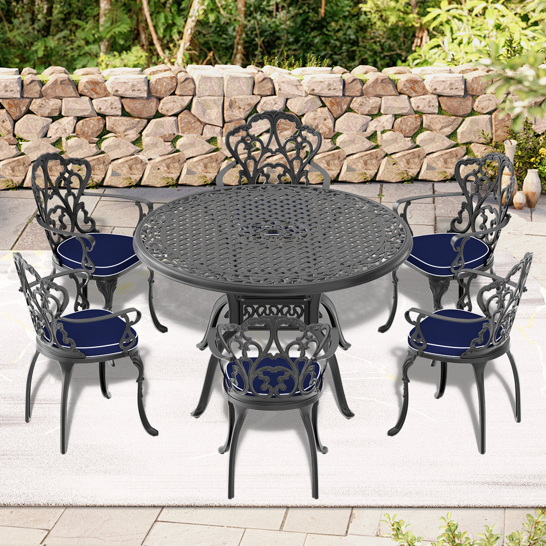 Cushions In Random Colors 7 Piece Set Of Cast Aluminum Patio Furniture With Cushions Yes Dining Set Black Seats 6 Rust Resistant Frame Water Resistant Cushion Garden & Outdoor Complete Patio Sets Aluminium