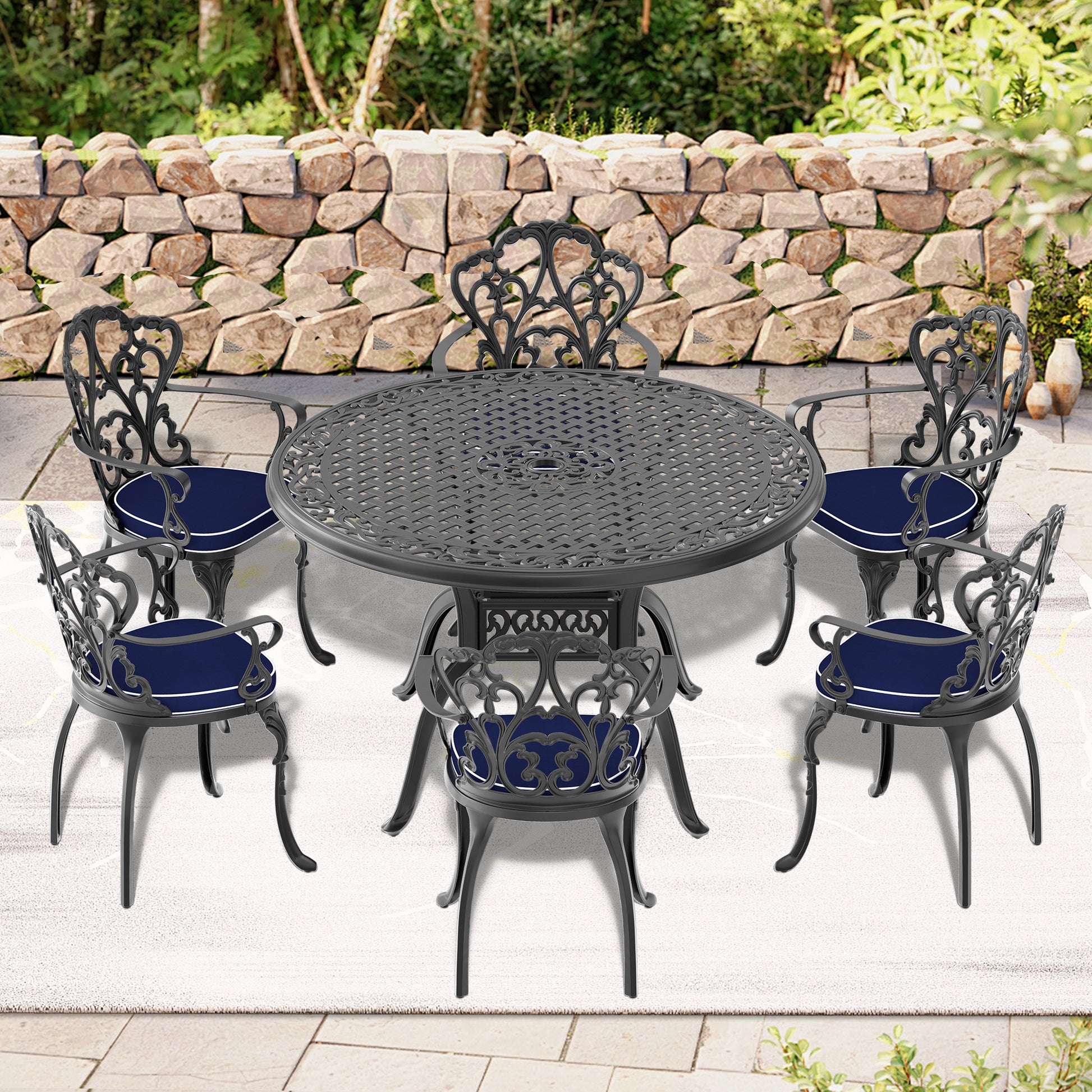 Cushions In Random Colors 7 Piece Set Of Cast Aluminum Patio Furniture With Cushions Yes Dining Set Black Seats 6 Rust Resistant Frame Water Resistant Cushion Garden & Outdoor Complete Patio Sets Aluminium