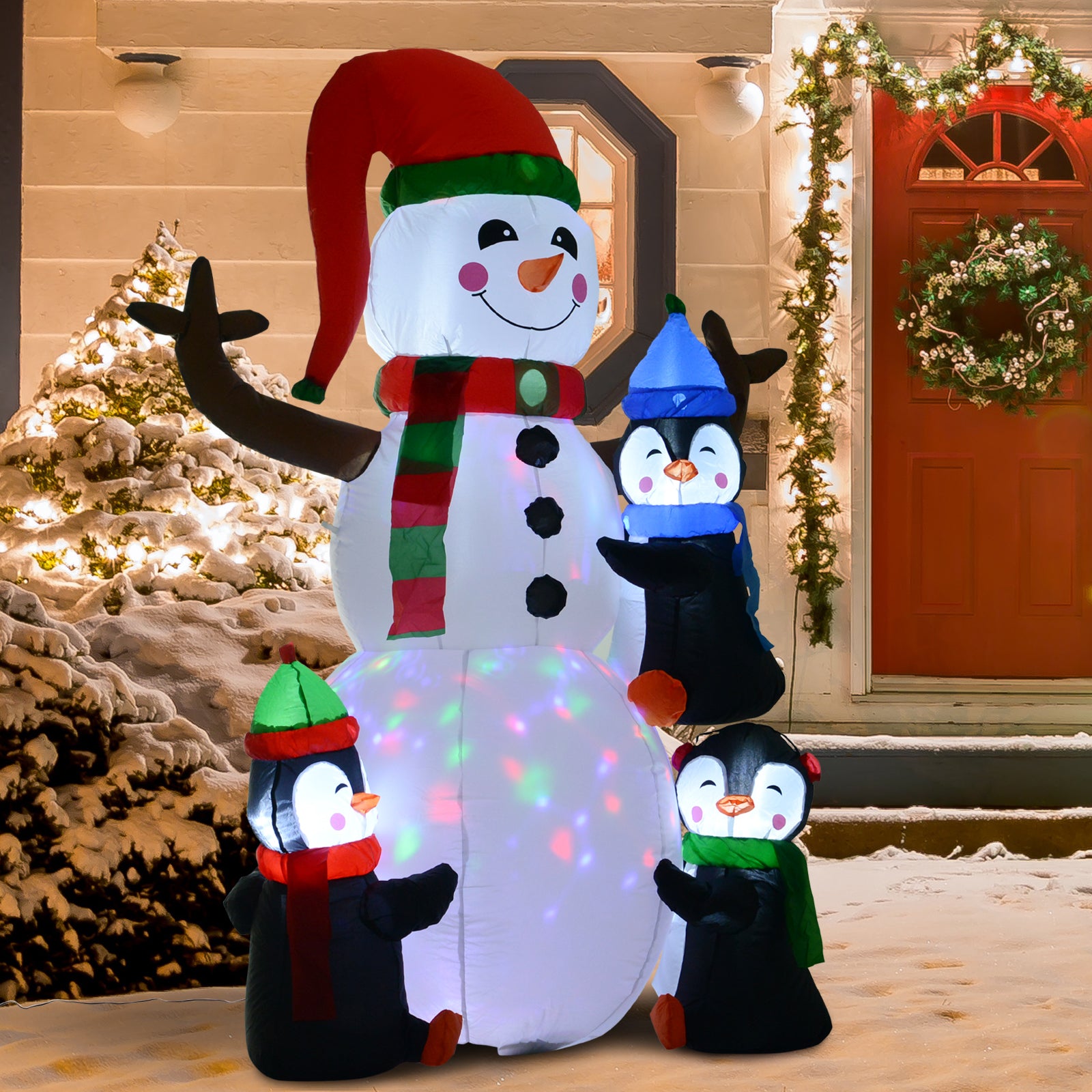 Homcom 6' Christmas Inflatables Outdoor Decorations Snowman With Penguins, Blow Up Yard Christmas Decor With Led Rotating Colorful Light Multicolor Polyester