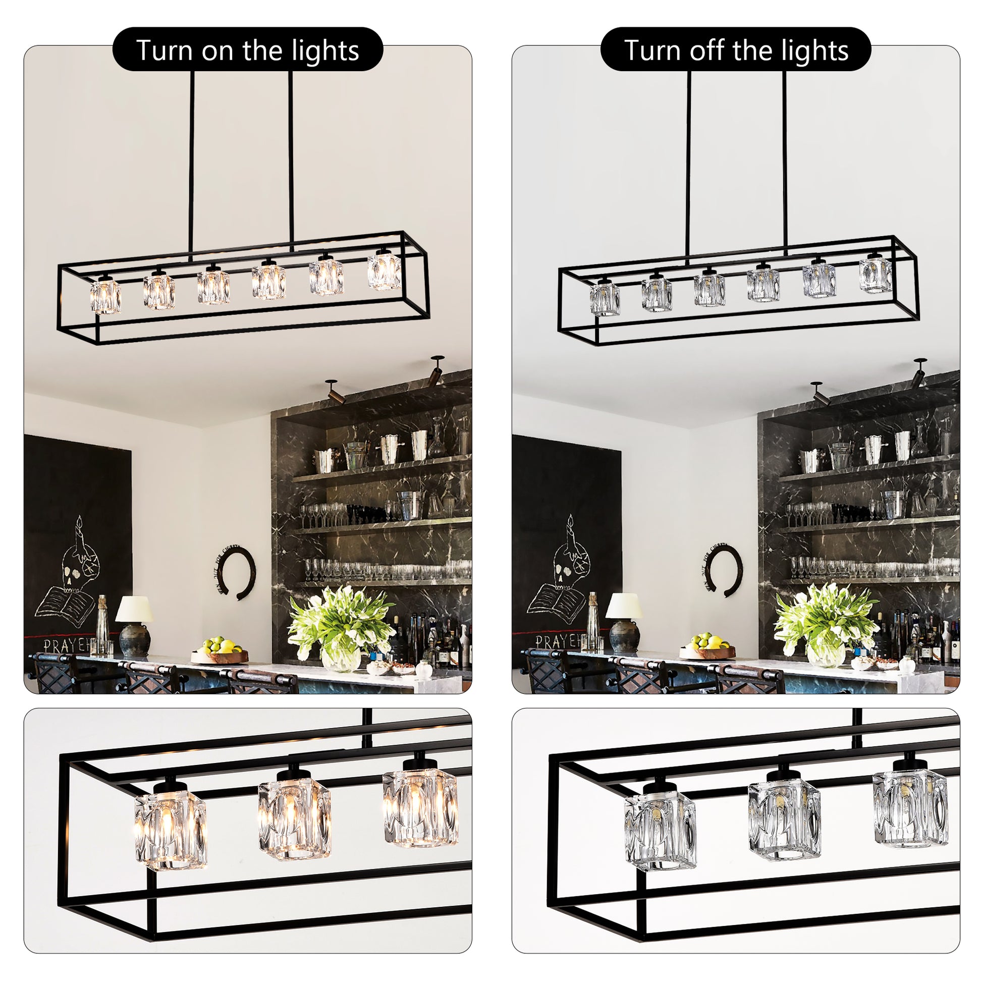 6 Light Farmhouse Chandelier, Modern Industrial Linear Rectangular Crystal Pendant Light Cage Chandelier For Dining Room,Kitchen Island, Bar, Long Table,G9*6 Bulbs Included Matte Black American